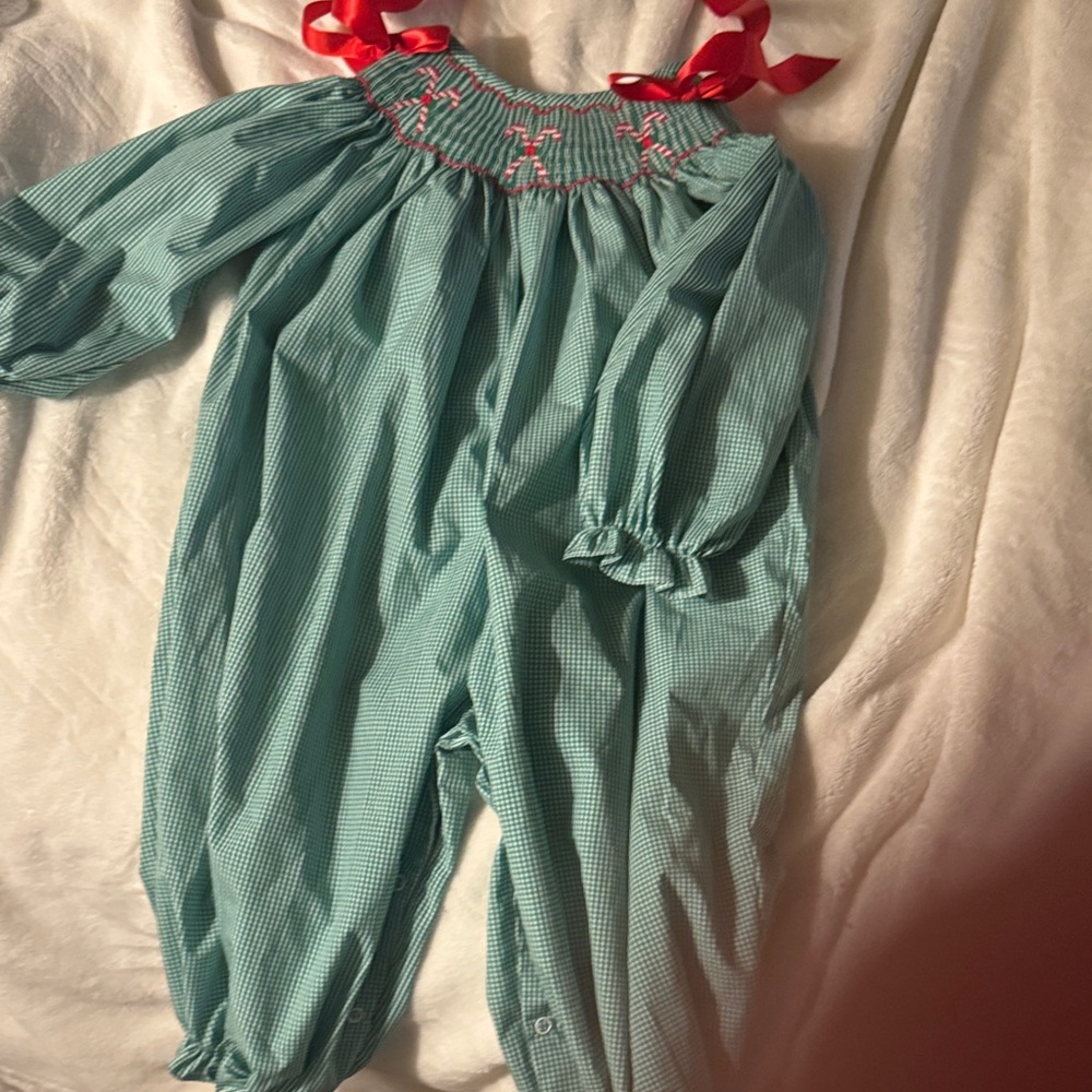 Smocked Ribbon Shoulder One-Piece Romper in Aqua Gingham- Stitchy Fish